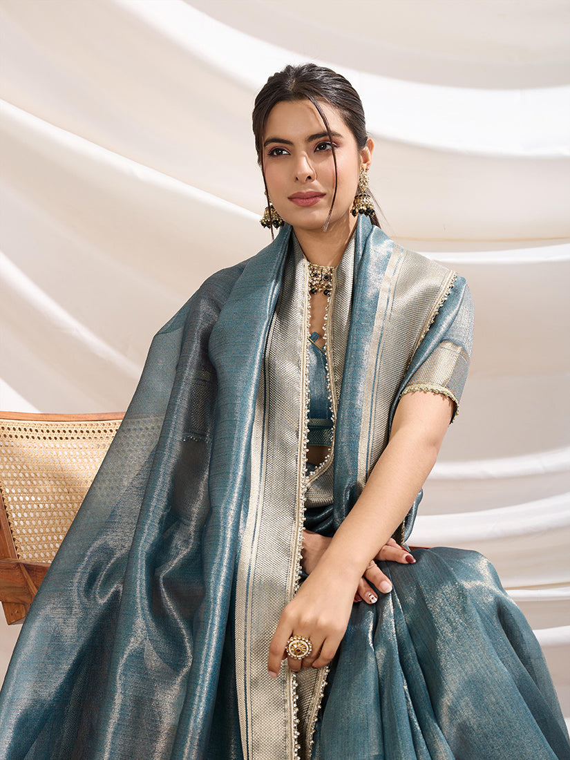 Aqua Blue Soft Linen Tissue Designer Border Work Saree
