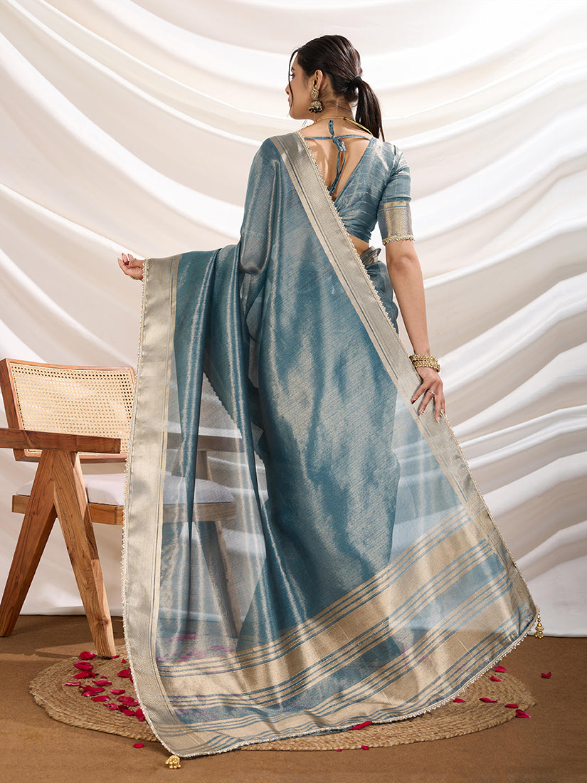 Aqua Blue Soft Linen Tissue Designer Border Work Saree