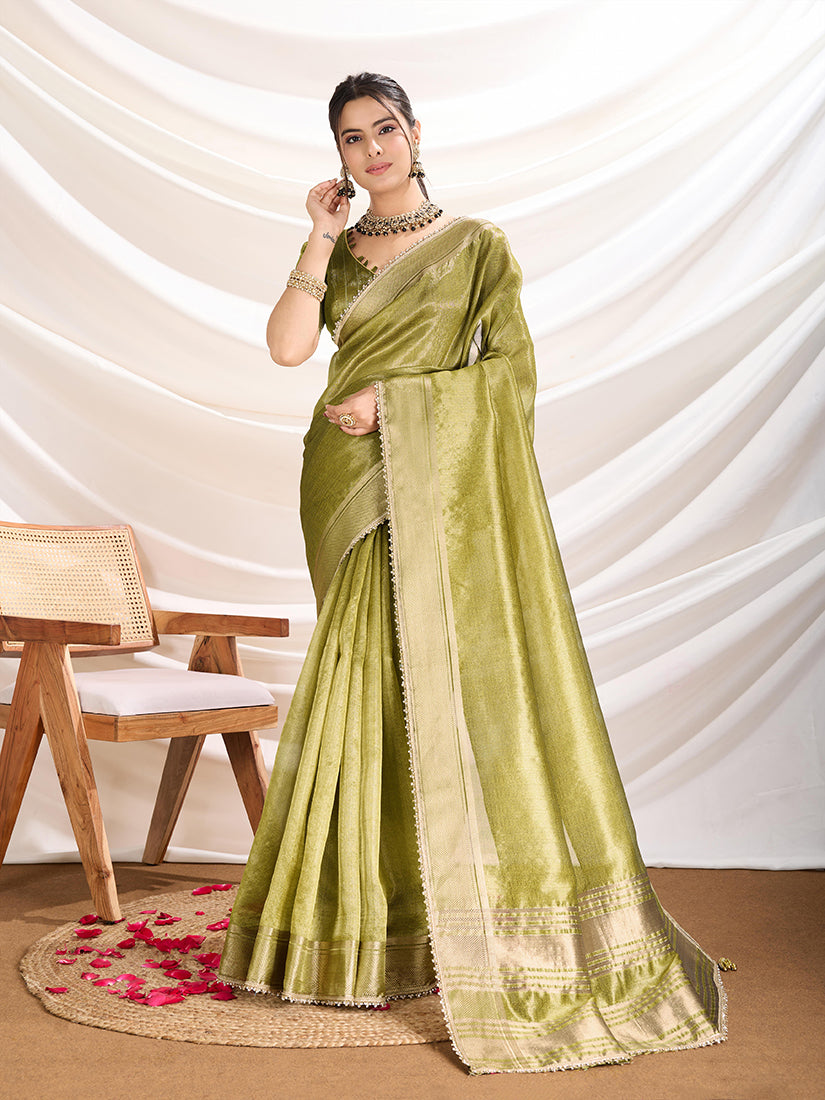 Refreshing Light Green soft linen tissue saree with intricate designer border
