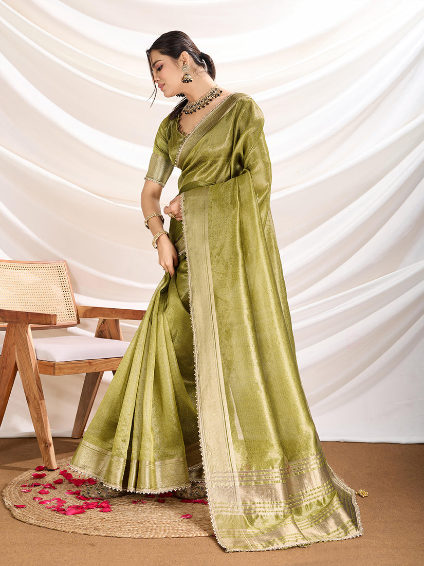 Light Green Soft Linen Tissue Saree with Designer Border