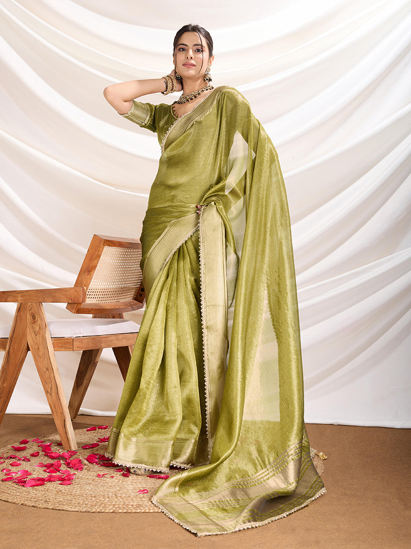 Light Green Soft Linen Tissue Saree with Designer Border