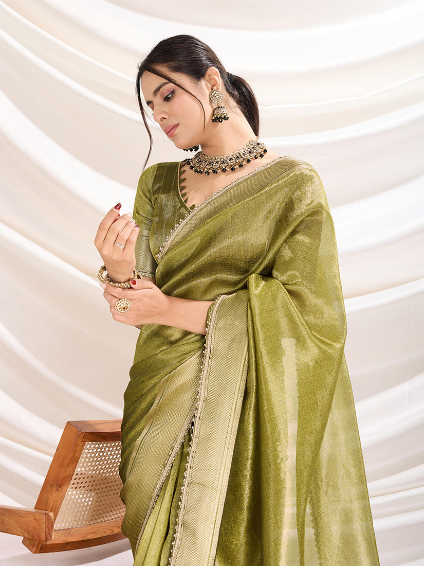 Light Green Soft Linen Tissue Saree with Designer Border