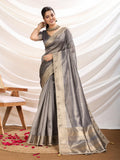Stylish grey linen tissue saree with a decorative border design