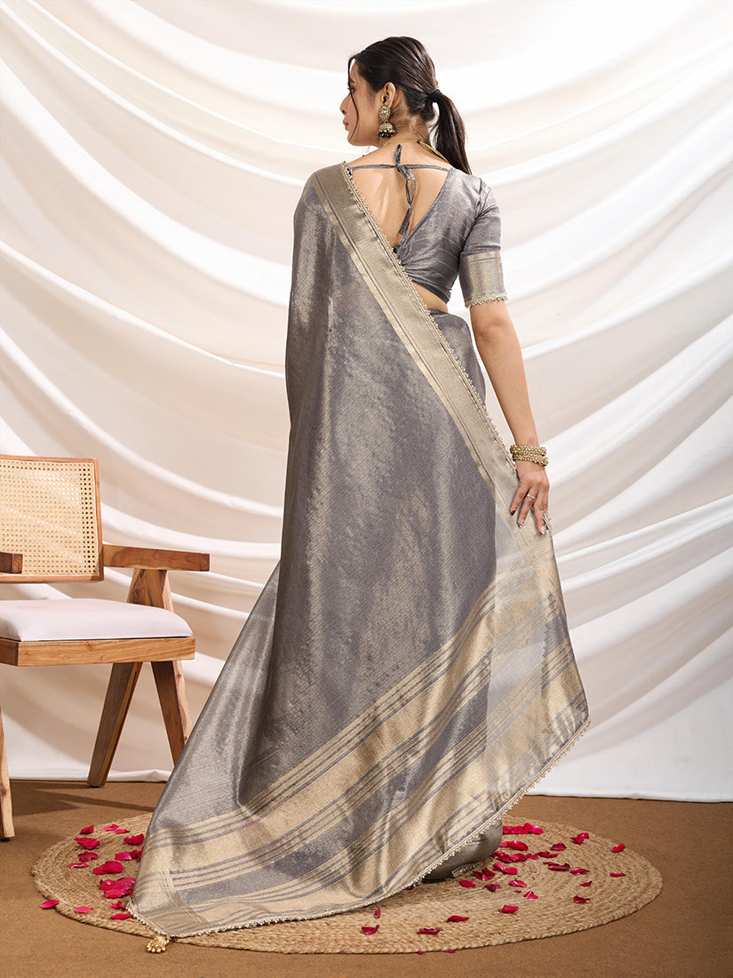 Grey Soft Linen Tissue Saree with Designer Border Work