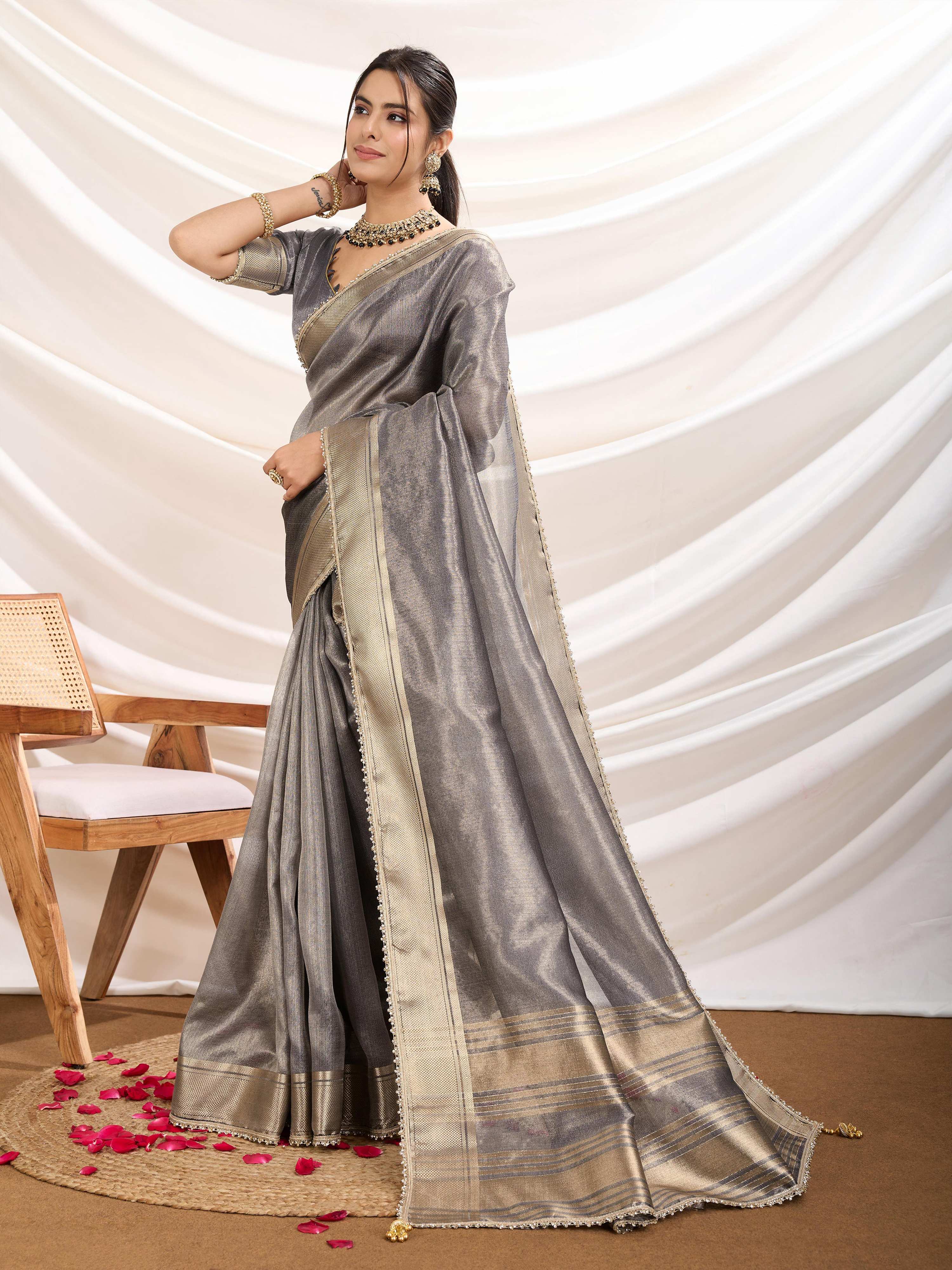 Grey Soft Linen Tissue Saree with Designer Border Work