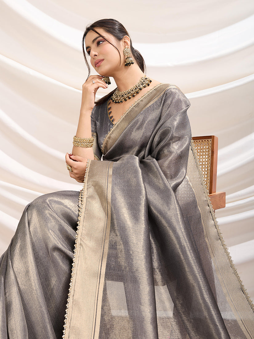 Grey Soft Linen Tissue Saree with Designer Border Work
