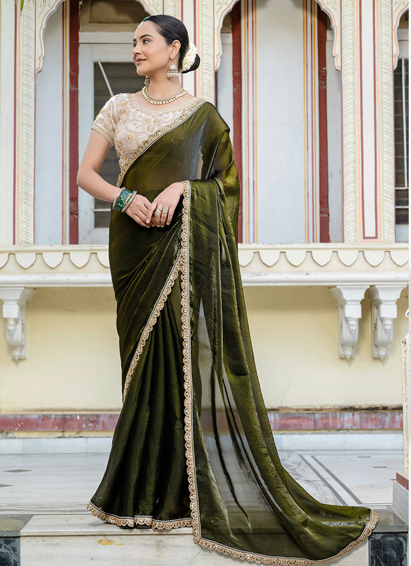 Divine Mehendi green satin velvet saree with matching blouse piece