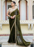 Divine Mehendi green satin velvet saree with matching blouse piece