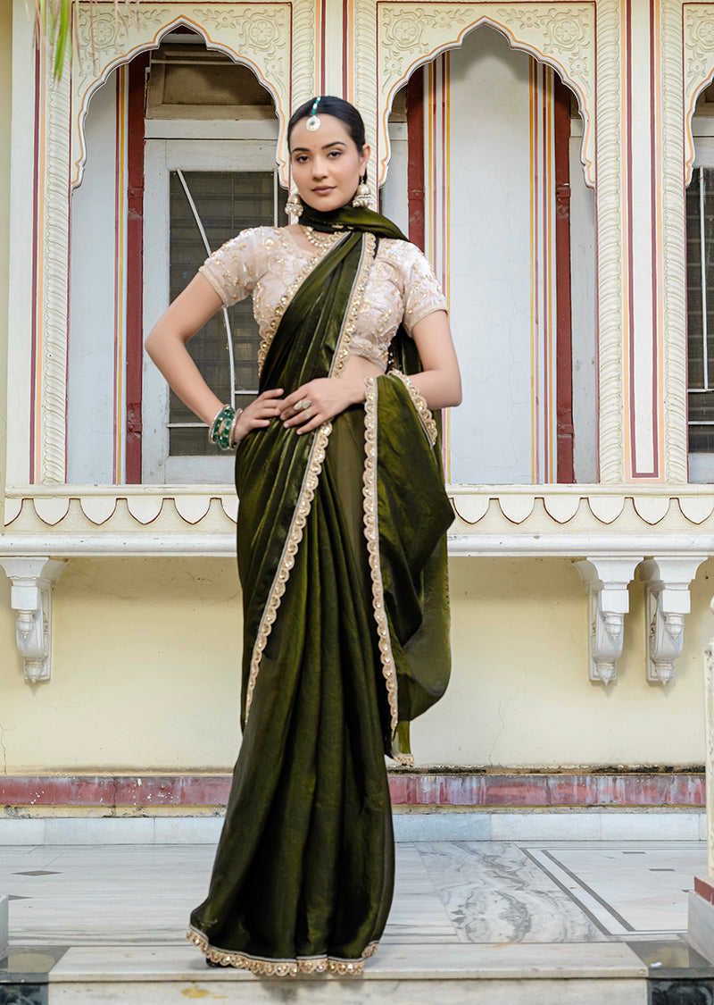 Divine Mehendi Green Satin Velvet Saree with Bewitching Blouse