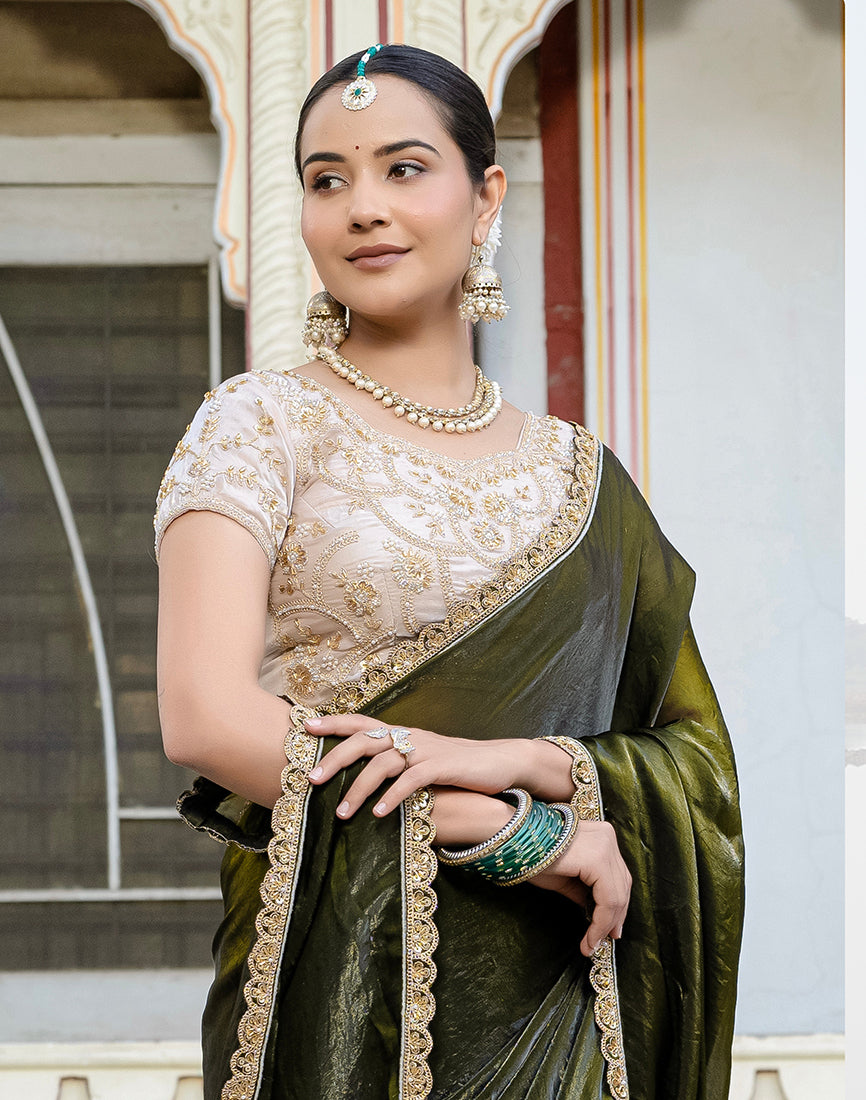 Divine Mehendi Green Satin Velvet Saree with Bewitching Blouse