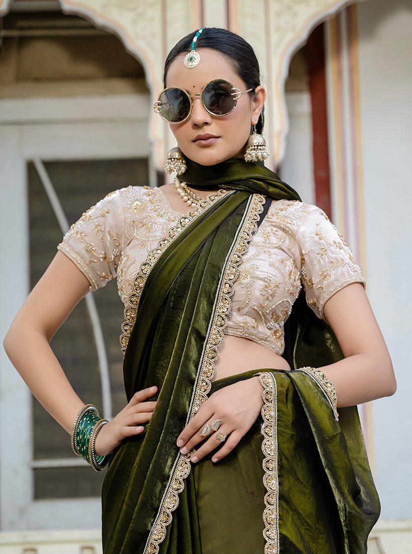 Divine Mehendi Green Satin Velvet Saree with Bewitching Blouse