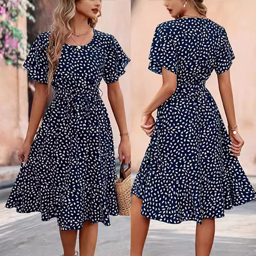 Dark Blue Floral Printed Short Sleeve Midi Dress - Street Style