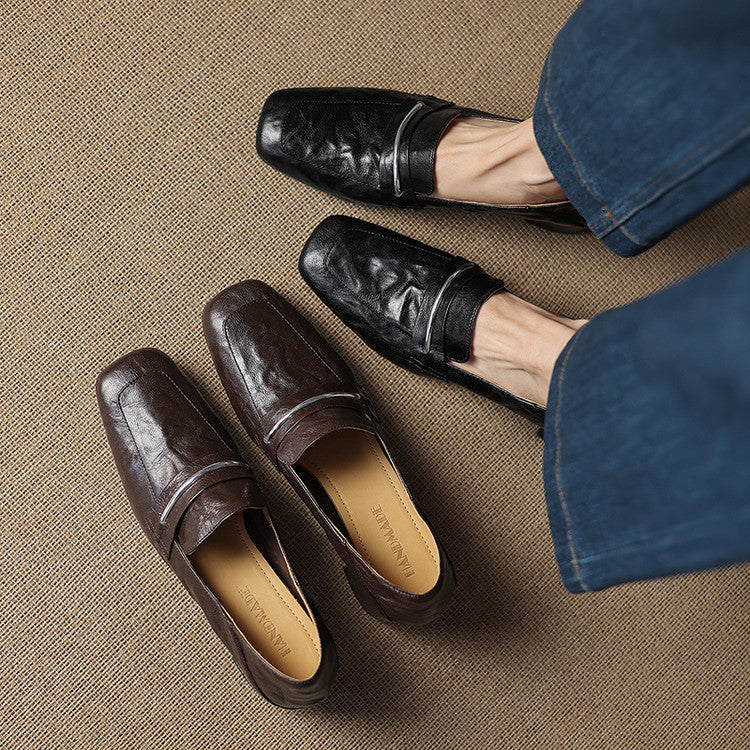 Women's Sheepskin Leather Square Toe Chunky Heel Loafer Pumps - Image 2