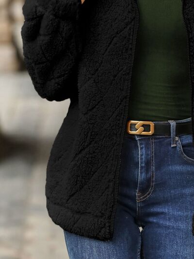 Women's Fuzzy Zip-Up Jacket with Pockets - Casual Streetwear