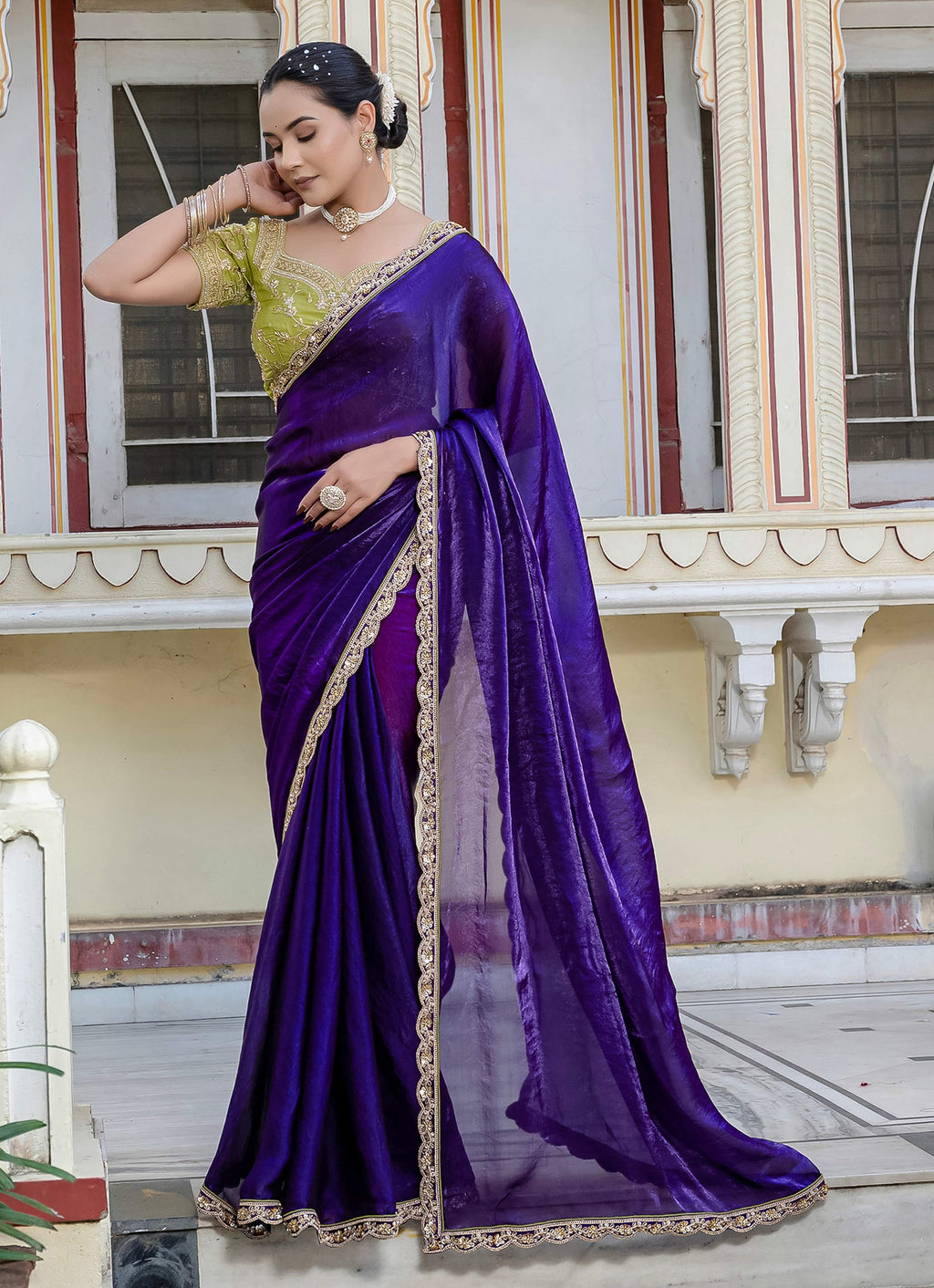 Deep blue satin velvet saree with high-sheen finish and matching blouse