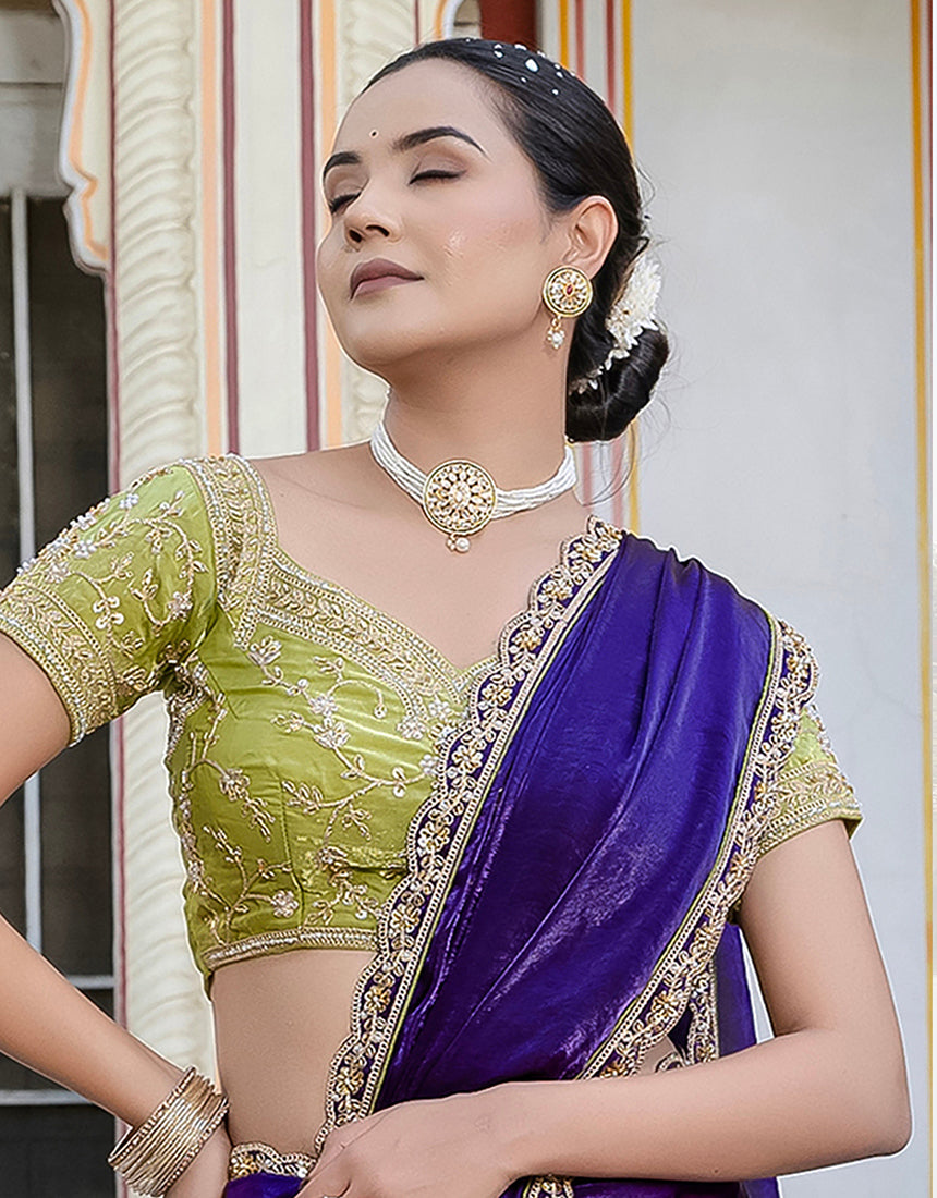 Divine Blue Satin Velvet Saree with Matching Blouse Piece