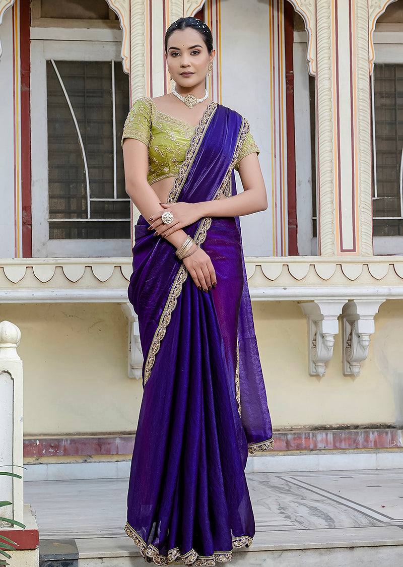 Divine Blue Satin Velvet Saree with Matching Blouse Piece