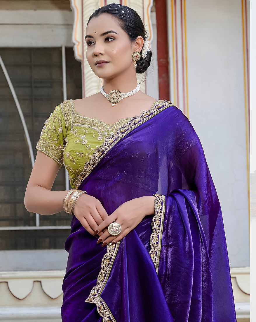 Divine Blue Satin Velvet Saree with Matching Blouse Piece