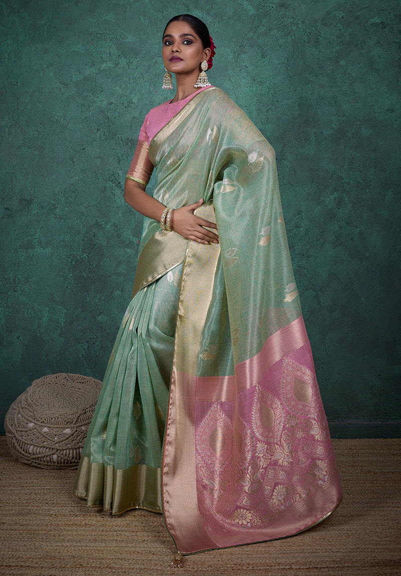 Light Blue Linen Blend Saree with Woven Sequin Work