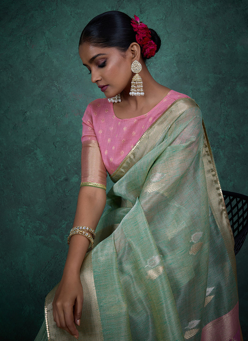 Light Blue Linen Blend Saree with Woven Sequin Work