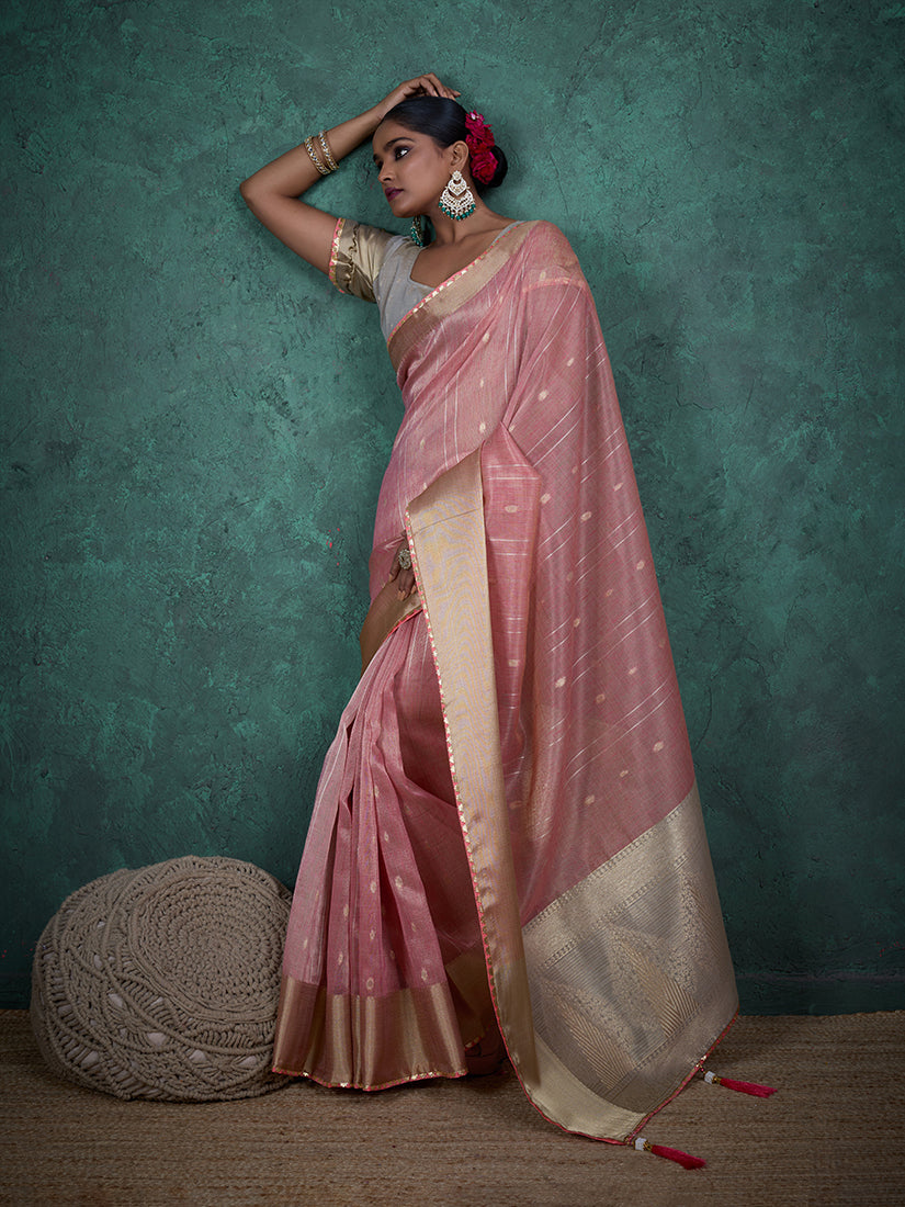 Light Pink Linen Blend Saree with Woven Sequin Work and Blouse