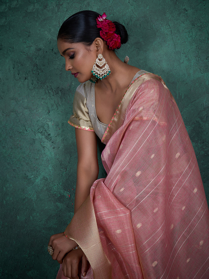 Light Pink Linen Blend Saree with Woven Sequin Work and Blouse