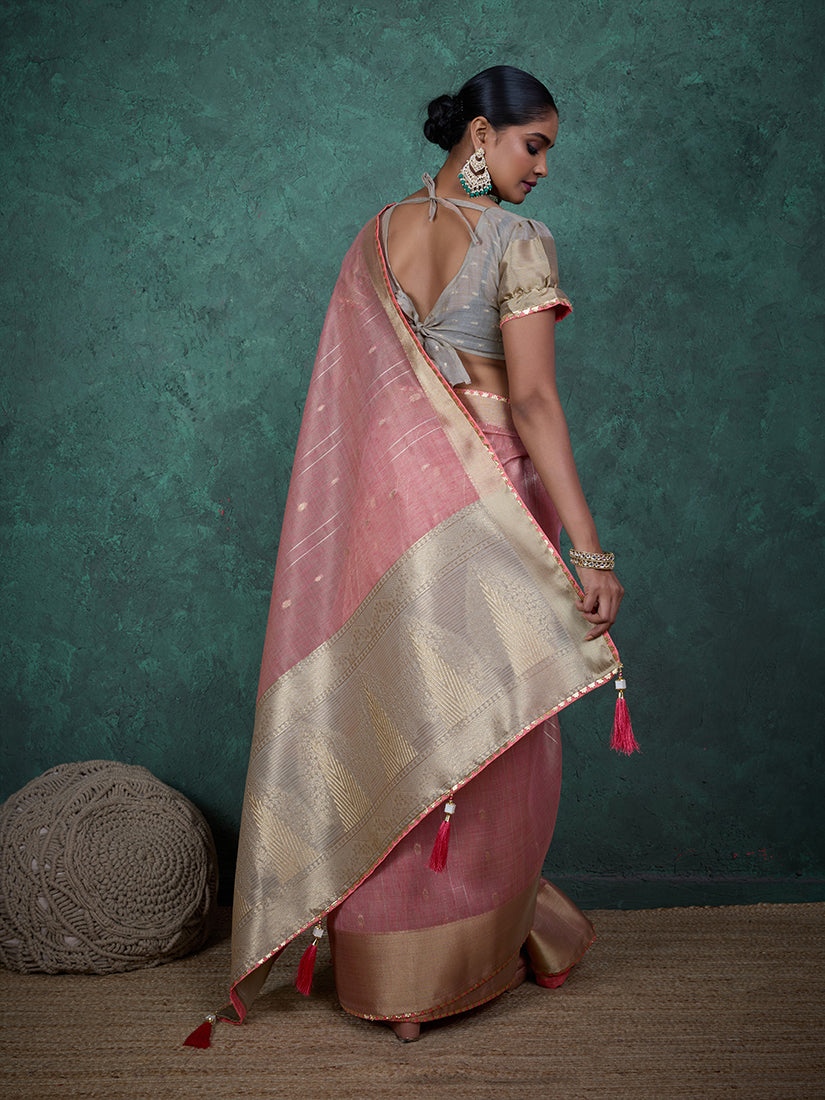 Light Pink Linen Blend Saree with Woven Sequin Work and Blouse