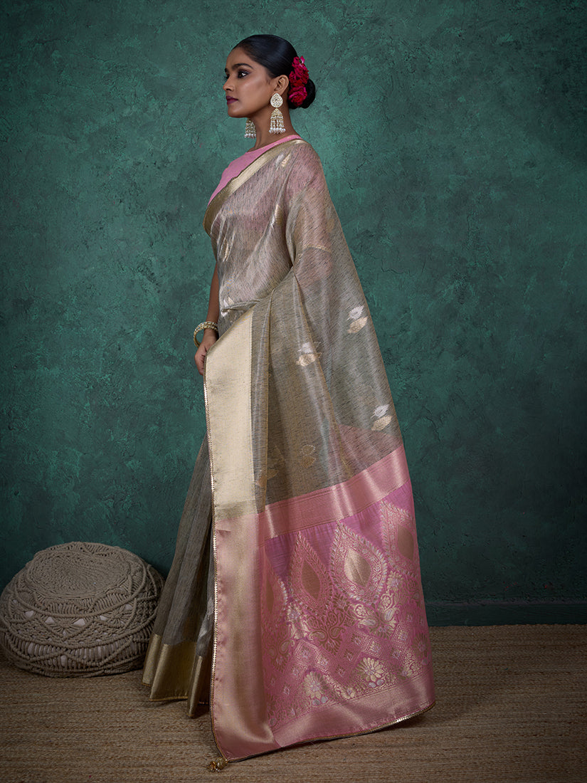 Light Grey Linen Blend Woven Sequin Work Saree with Blouse Piece