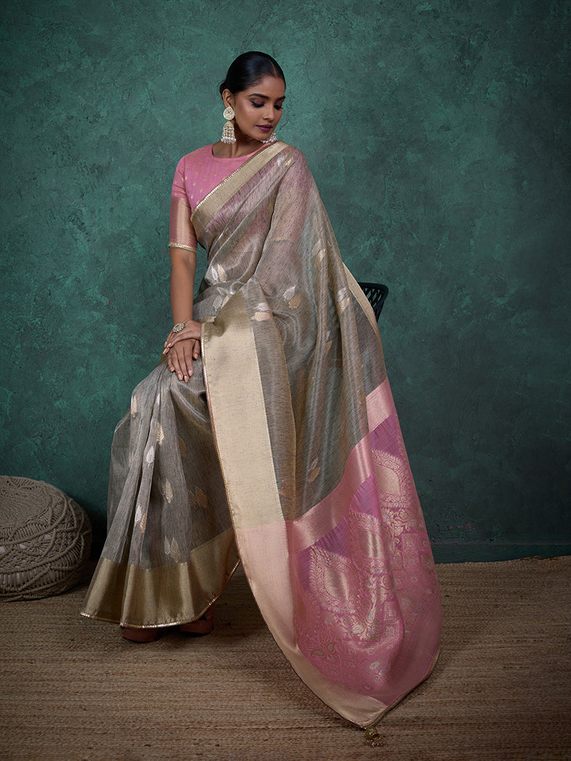 Light Grey Linen Blend Woven Sequin Work Saree with Blouse Piece