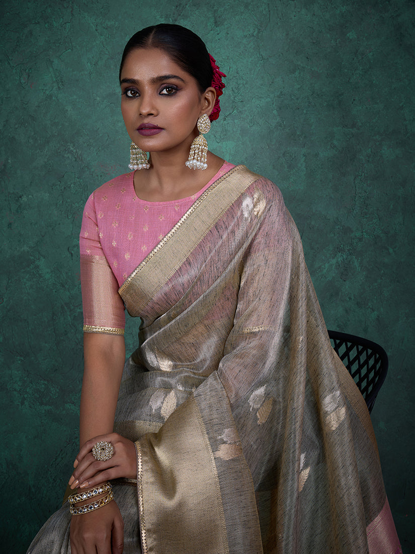Light Grey Linen Blend Woven Sequin Work Saree with Blouse Piece