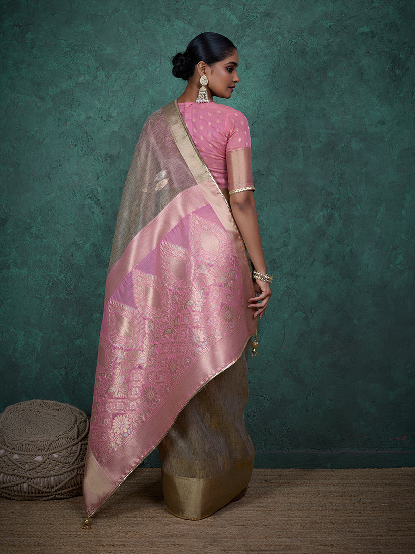 Light Grey Linen Blend Woven Sequin Work Saree with Blouse Piece