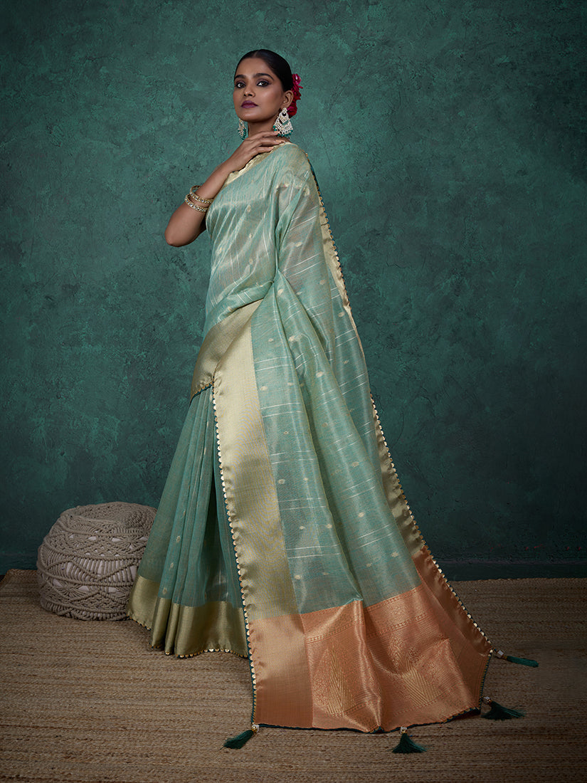 Sky Blue Linen Blend Saree with Sequin Work and Matching Blouse