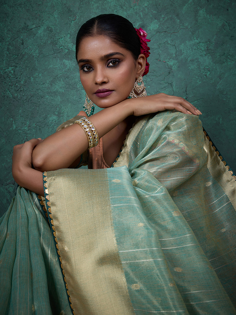 Sky Blue Linen Blend Saree with Sequin Work and Matching Blouse