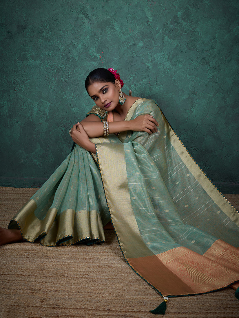 Sky Blue Linen Blend Saree with Sequin Work and Matching Blouse