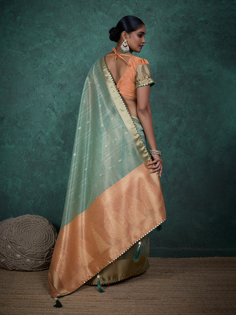 Sky Blue Linen Blend Saree with Sequin Work and Matching Blouse