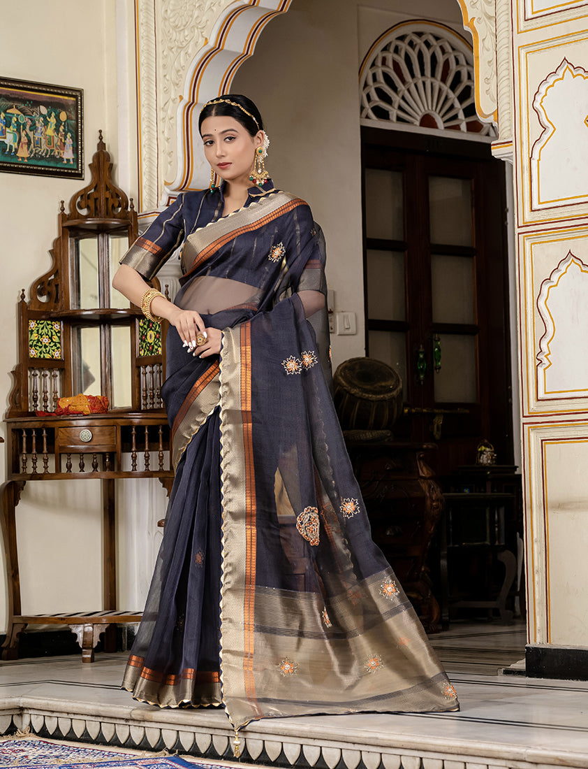 Navy Blue Kota Linen saree with elegant Cutdana embellishments and matching blouse