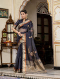 Navy Blue Kota Linen saree with elegant Cutdana embellishments and matching blouse