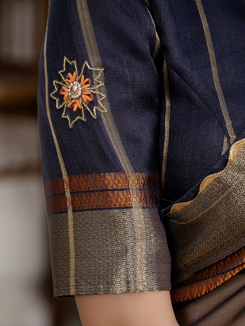 Navy Blue Kota Linen Saree with Cutdana Work and Blouse