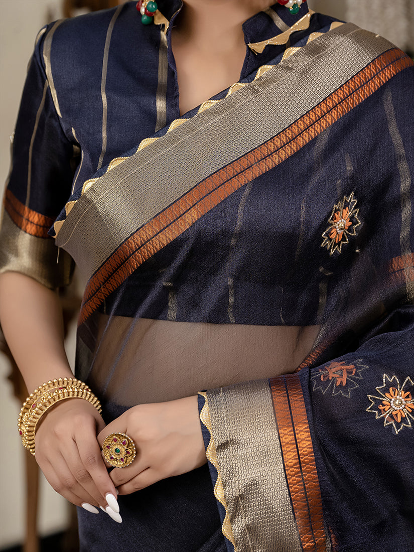 Navy Blue Kota Linen Saree with Cutdana Work and Blouse