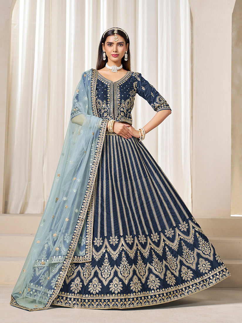 Elegant Navy Blue Art Silk long lehenga choli with detailed zari, sequins, and embroidery work.