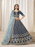 Elegant Navy Blue Art Silk long lehenga choli with detailed zari, sequins, and embroidery work.