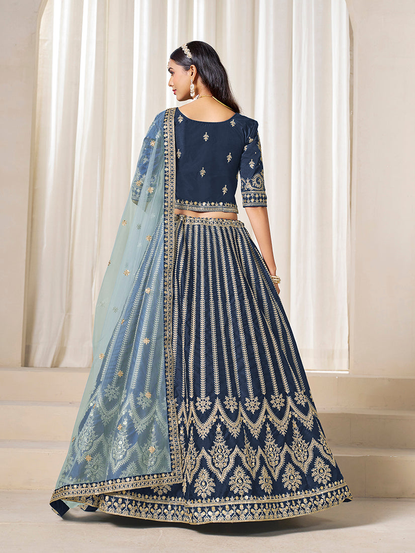 Navy Blue Embroidered Art Silk Lehenga Choli for Festive Wear