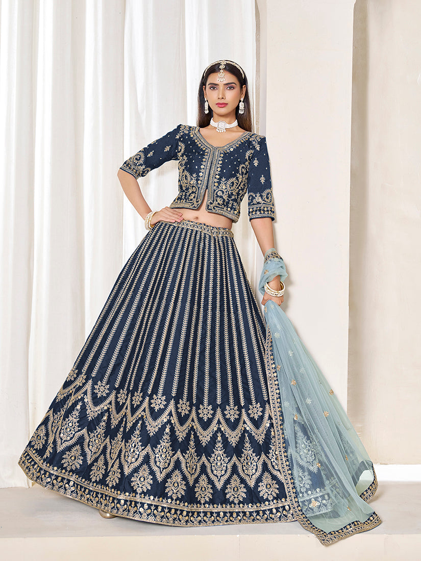 Navy Blue Embroidered Art Silk Lehenga Choli for Festive Wear