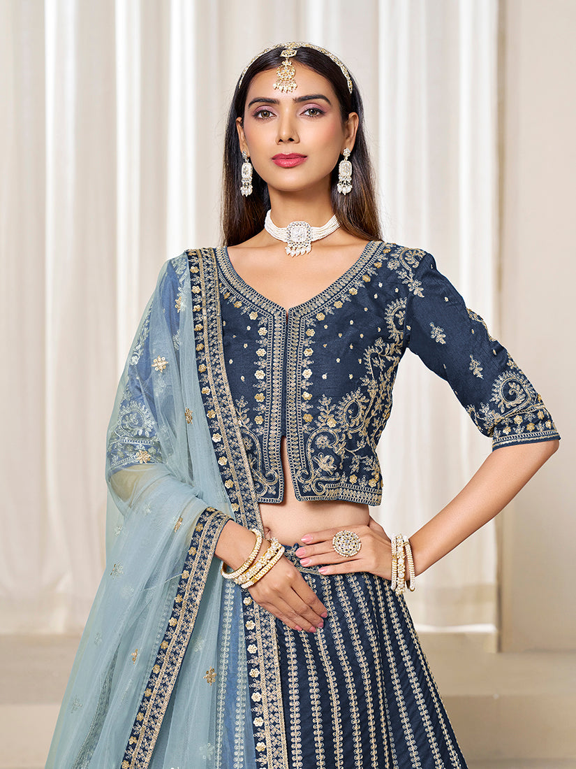 Navy Blue Embroidered Art Silk Lehenga Choli for Festive Wear