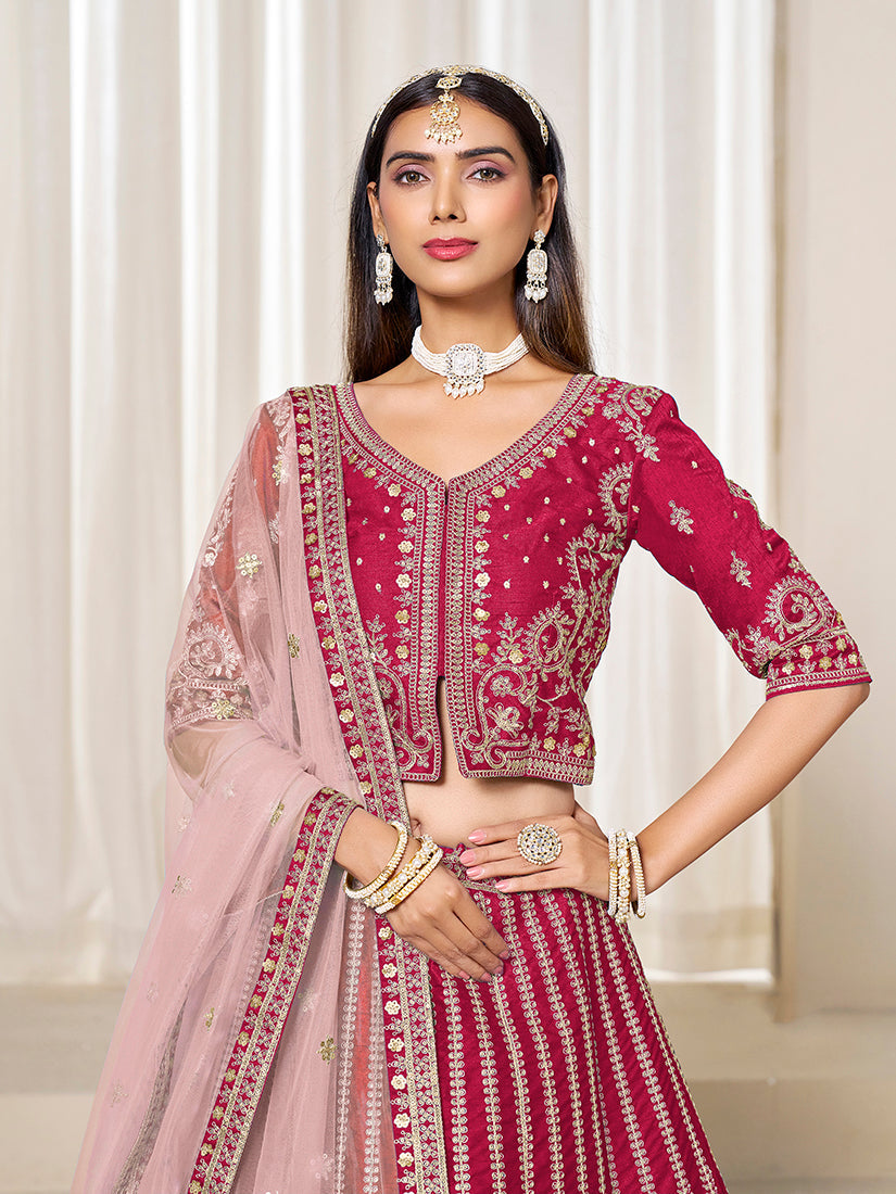 Monjolika Fashion Embroidered Rani Pink Art Silk Designer Long Lehenga Choli