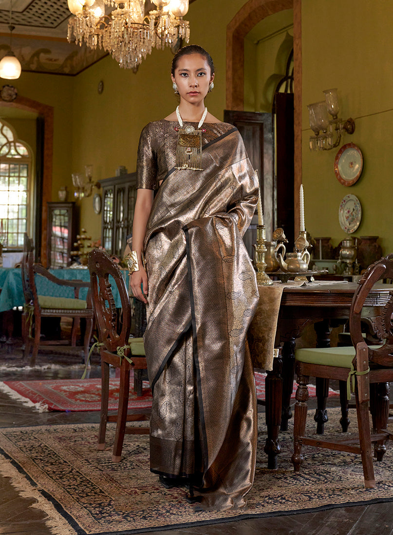 Dark brown Kanjivaram silk blend saree with classic woven patterns