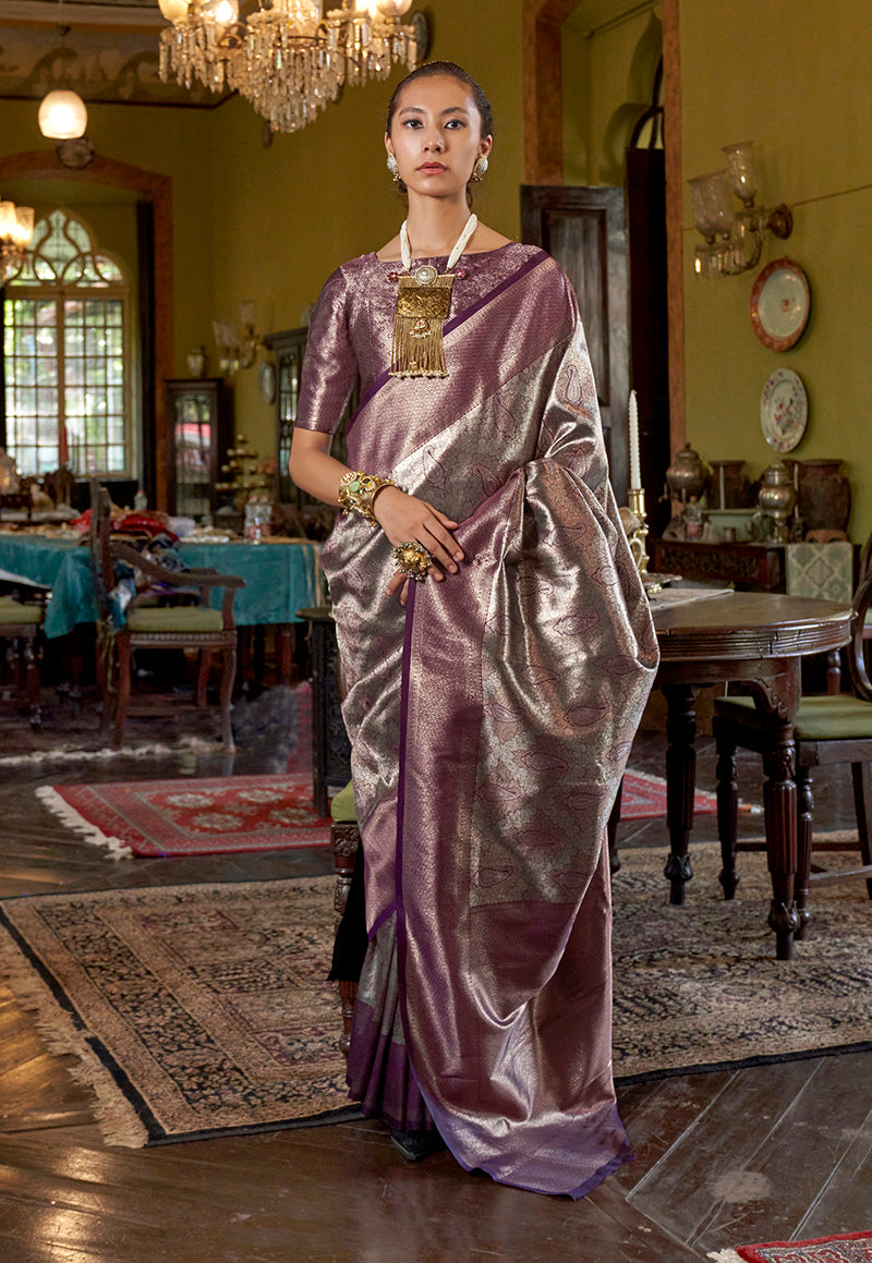 Purple Kanjivaram silk blend woven classic saree