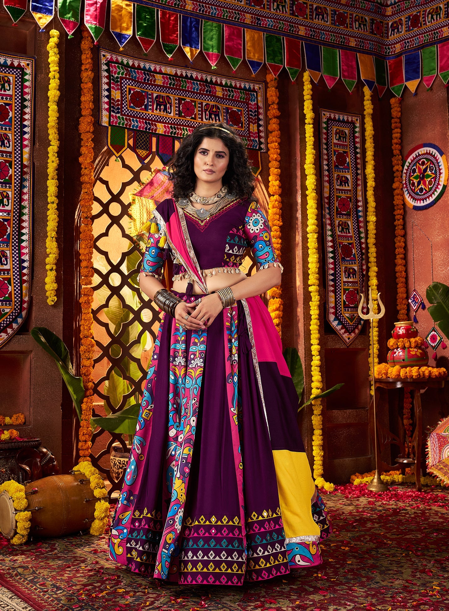 Purple digital print Navratri lehenga choli with mirror work and dupatta
