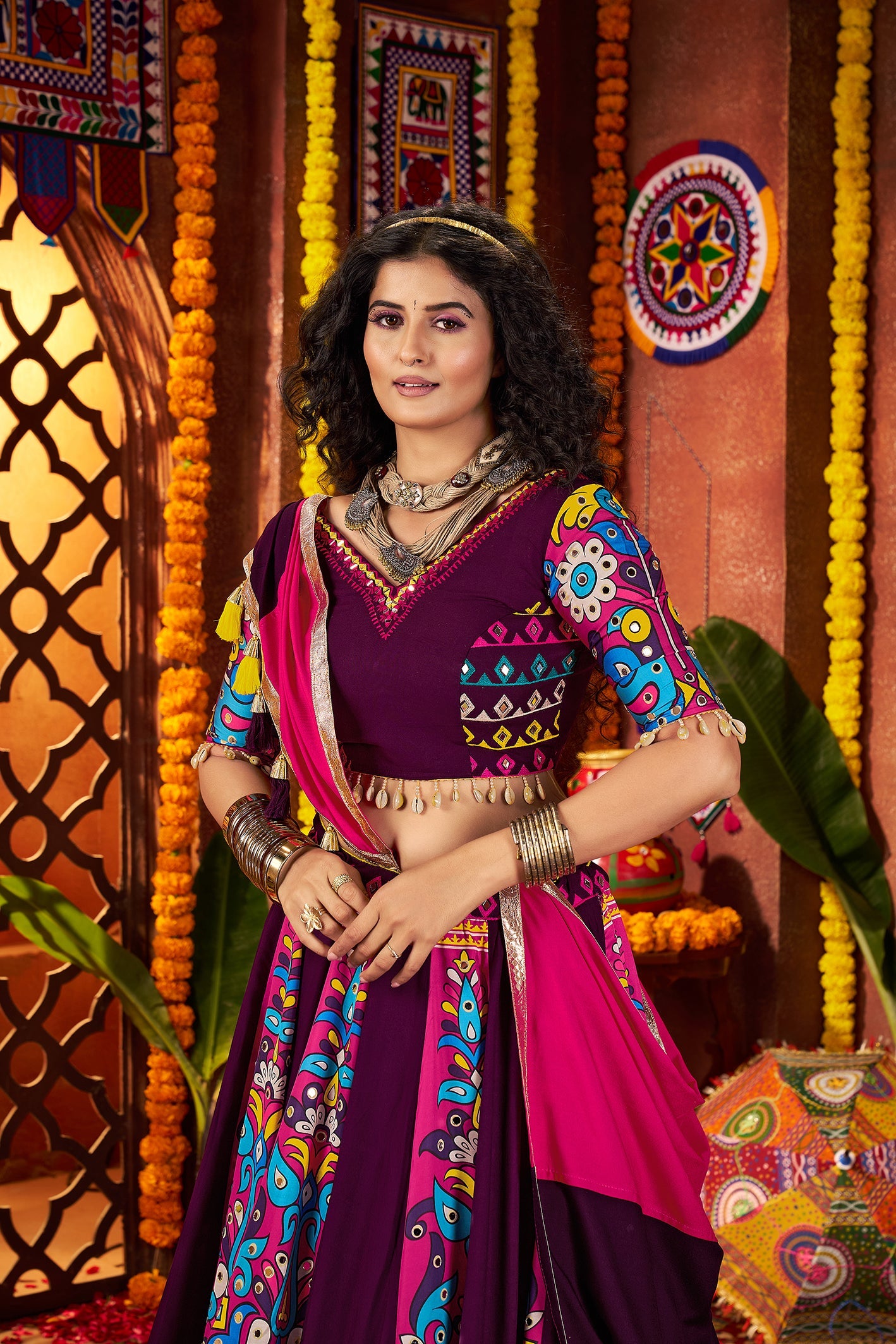 Purple Viscose Cotton Digital Print Navratri Lehenga with Mirror