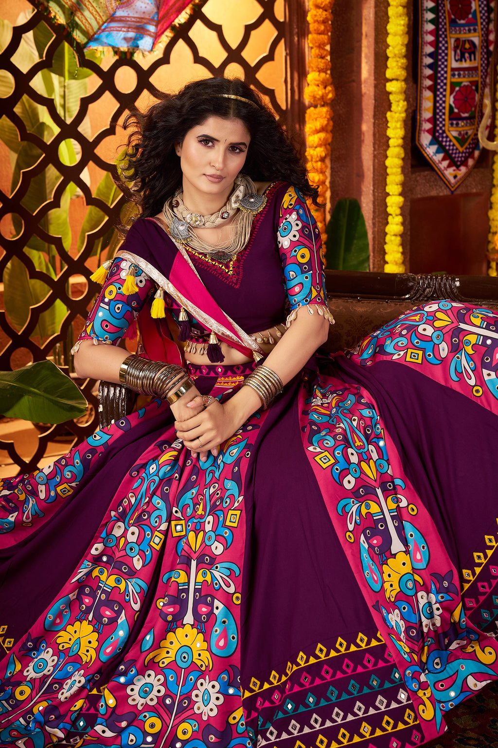Purple Viscose Cotton Digital Print Navratri Lehenga with Mirror